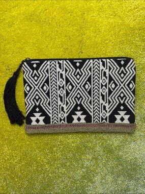 Oysho Beaded Clutch with Black Tassel & Zipper